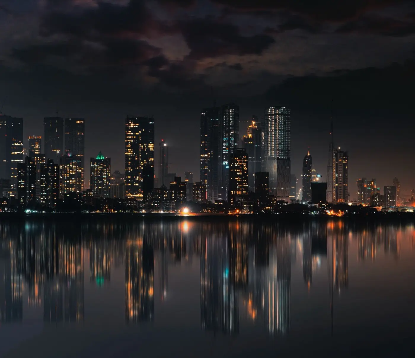 A city skyline at night